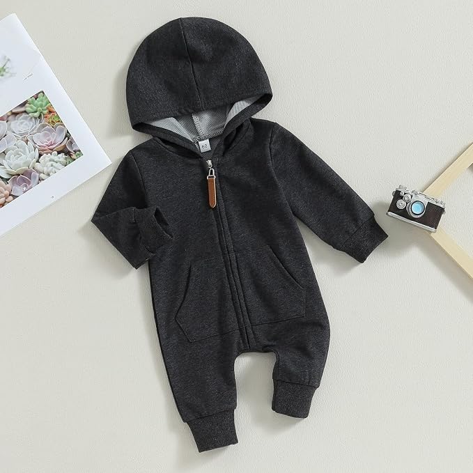 Infant Baby Boy Girl Clothes Solid Hoodie Romper Zip Up Long Sleeve Hooded - Image 2