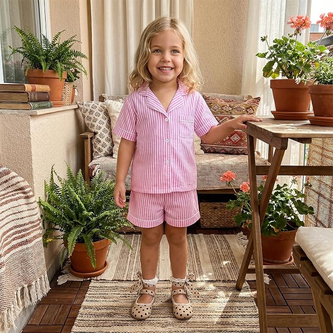 FULA-bao Toddler Baby Boy Girl Cotton Pajamas Set Striped Short Sleeve Button - Image 2