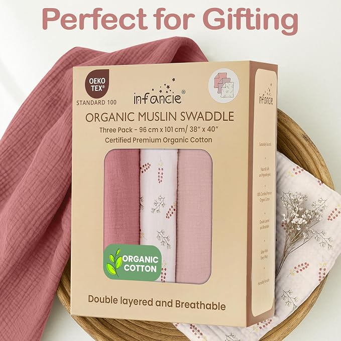 100% Organic Cotton 3 PK Baby Muslin Blanket Girl Gift 38x40 Inch | Oeko-TEX - Image 9