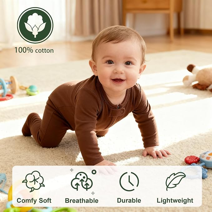 Hikido Baby Romper 100% Organic Cotton Pajamas One Piece Long Sleeve Zipper - Image 2