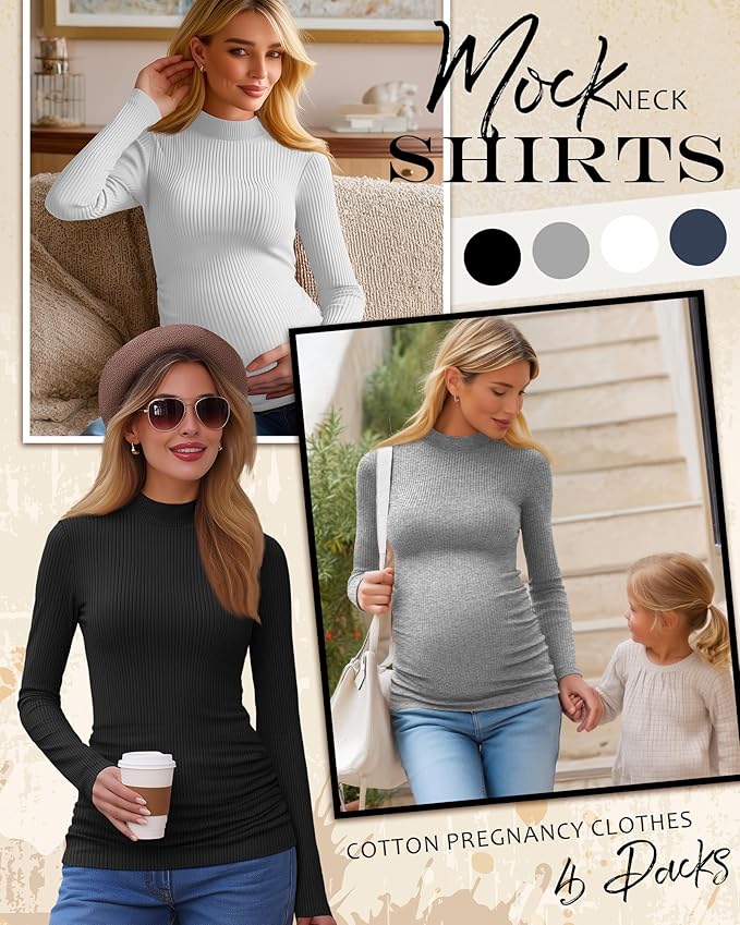 4 Packs Womens Maternity Shirts Long Sleeve Cotton Ribbed Pregnancy Mock Neck Side Ruched Workout Tops for Mama
