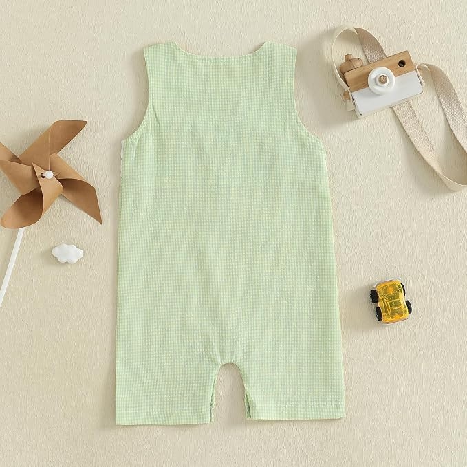 Newborn Baby Boys Sleeveless Seersucker Romper One Piece Straps Overalls - Image 3
