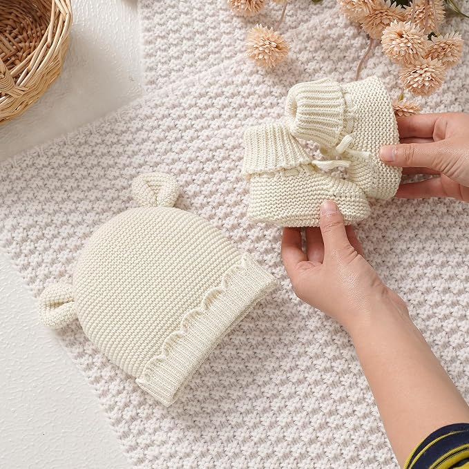 Hadetoto 100% Organic Cotton Baby Beanie and Booties Set | Newborn, Knit Sock - Image 4