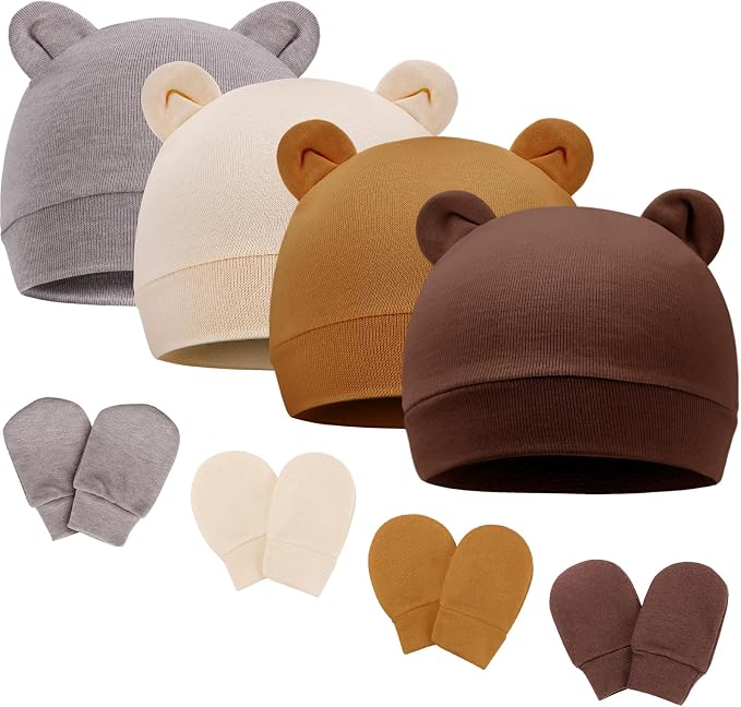 BQUBO Newborn Baby Bear Ears Hats and Mittens Sets Preemie Cotton Caps Baby Boy by DRESHOW