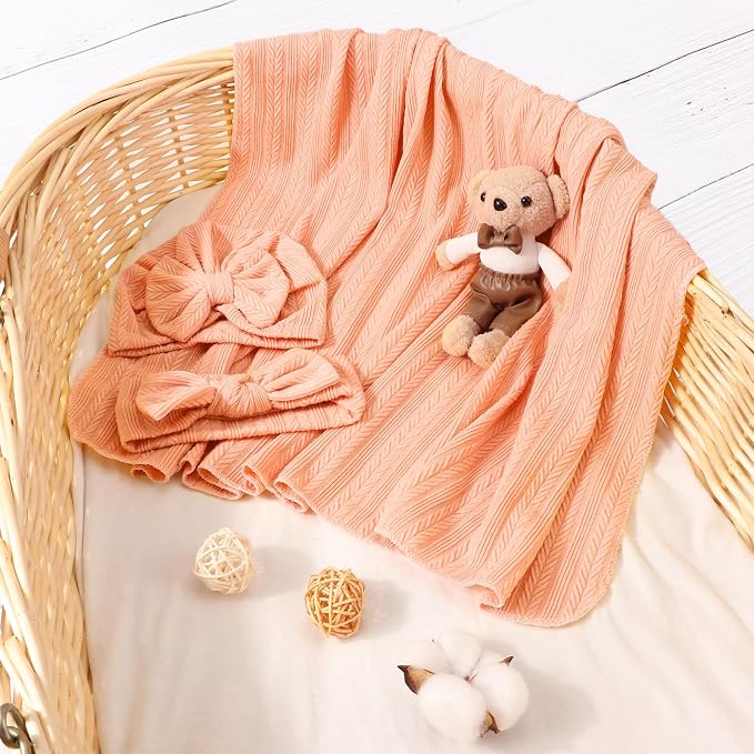 AQOKKA Newborn Receiving Blanket Wheat Ear Bow Hat Hairband Set - Image 4