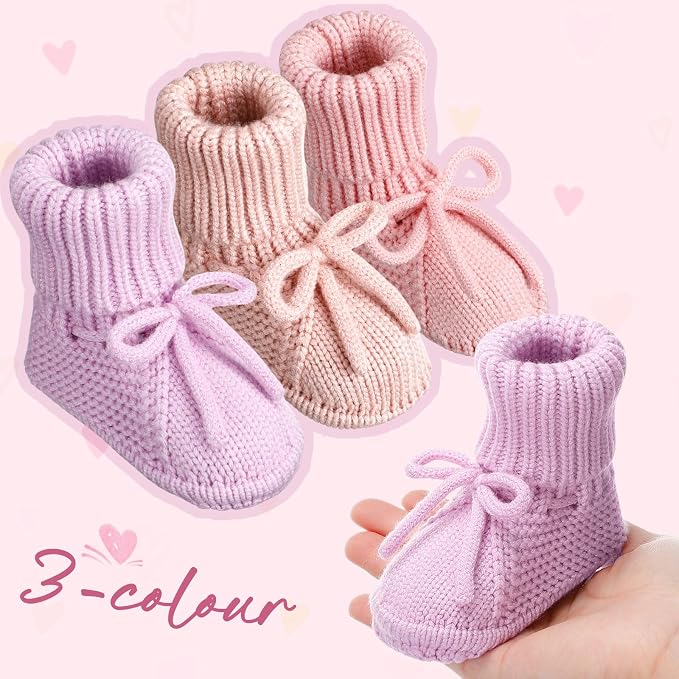 Evervibe 3 Pair Knitted Baby Booties | 100% Cotton, 0-6 Months Newborn - Image 3