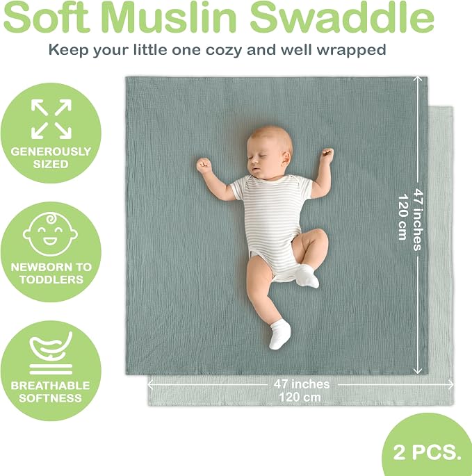 100% Organic Cotton 2 PK Soft Muslin Swaddle Blanket Unisex 47x47 | Oeko-TEX - Image 4