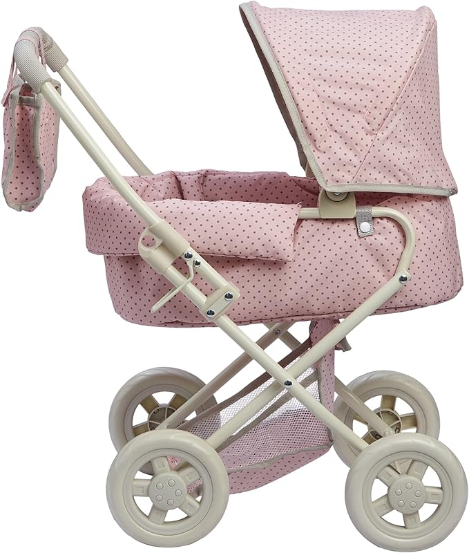 Olivia's Little World Buggy-Style Baby Doll Stroller with Retractable Canopy, Storage Underneath, Detachable Bassinet, Travel Nursery Bag, Comfortable to Push, Pink and Gray