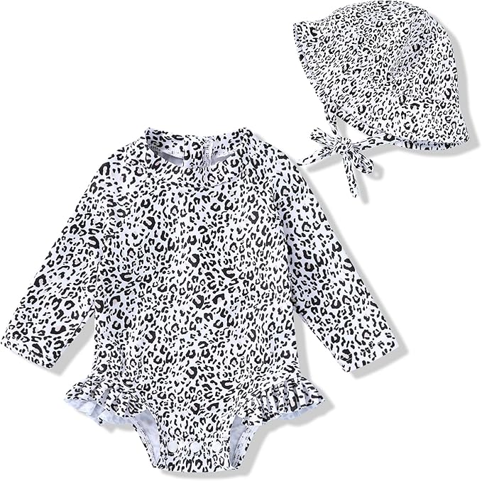 Infant Baby Girl Swimsuit One-Piece Long Sleeve Rash Guard with Hat Set Floral Zipper Bathing Suit Leopard Beach Wear