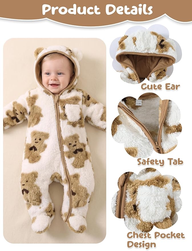 Jecson Baby Snowsuit Newborn Bear Hooded Fleece Outfit Baby Clothes 0M-12M - Image 4
