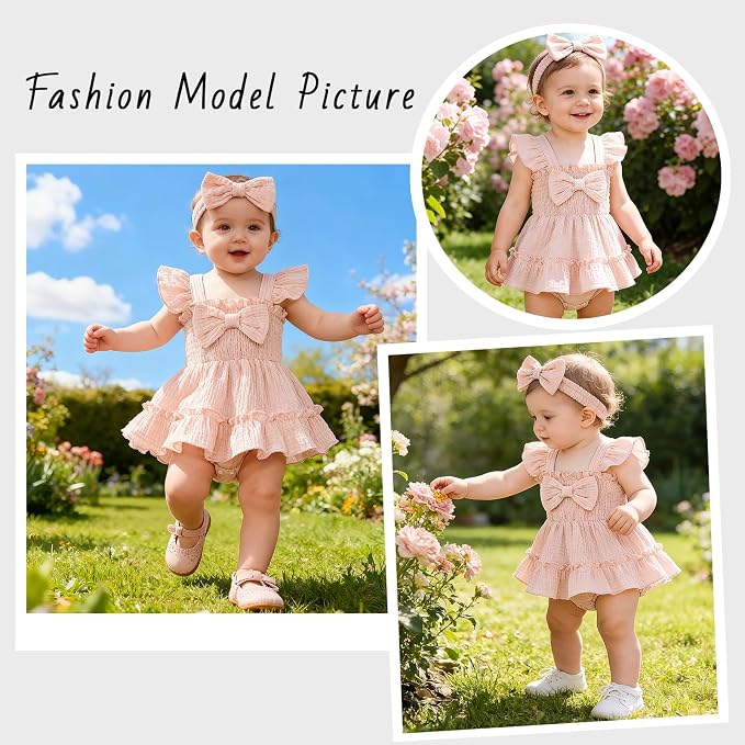 Baby Girl Smocked Romper Dress Ruffle Bow Summer Outfit - Image 2