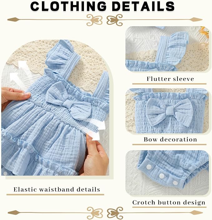 Baby Girl Smocked Romper Dress Ruffle Bow Summer Outfit - Image 4