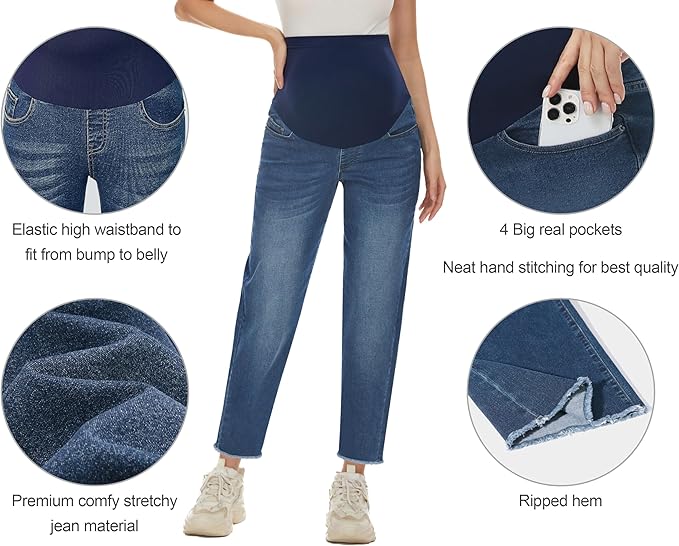 POSHGLAM Women's Maternity Jeans Over Belly Comfy Stretch 28'' Boyfriend Jeans Loose Pregnancy Pants, S-XXL
