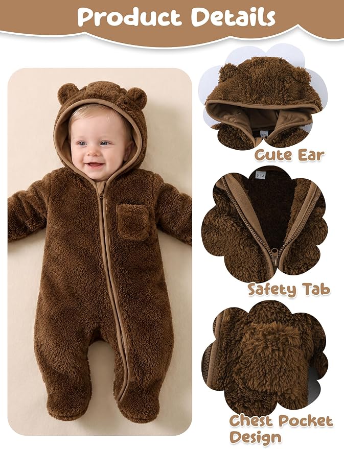 Jecson Baby Snowsuit Newborn Bear Hooded Fleece Outfit Baby Clothes 0M-12M - Image 4