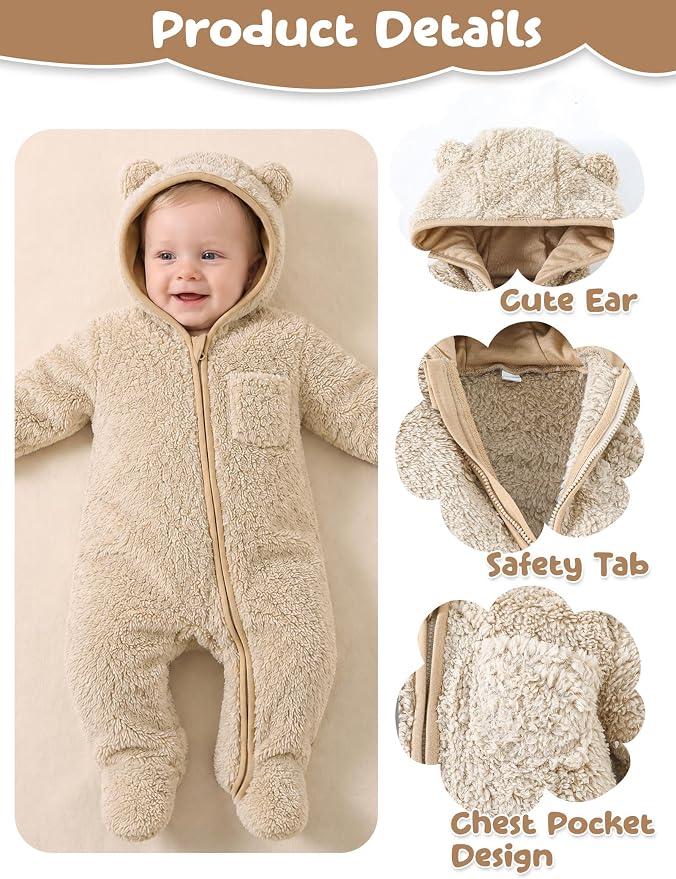 Jecson Baby Snowsuit Newborn Bear Hooded Fleece Outfit Baby Clothes 0M-12M - Image 4