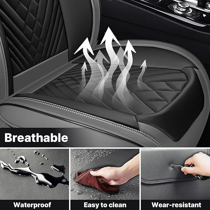 Car Seat Covers Full Coverage Seat Cover Premium Waterproof Faux Leather Cushion Universal Accessories Fit SUV Sedan Automotive Vehicle Auto Interior Seat Protector Full Set(5 Seat,Black&Gray)