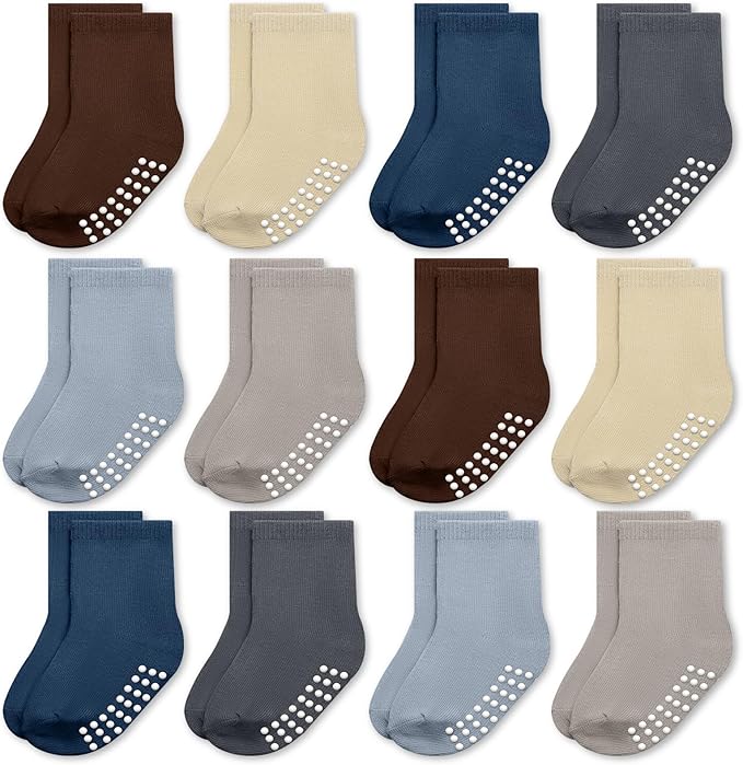 Baby Toddlers Crew Socks with Non-Slip Grip 12 Pack Cotton Stretch Socks | Soft by JAKIDAR