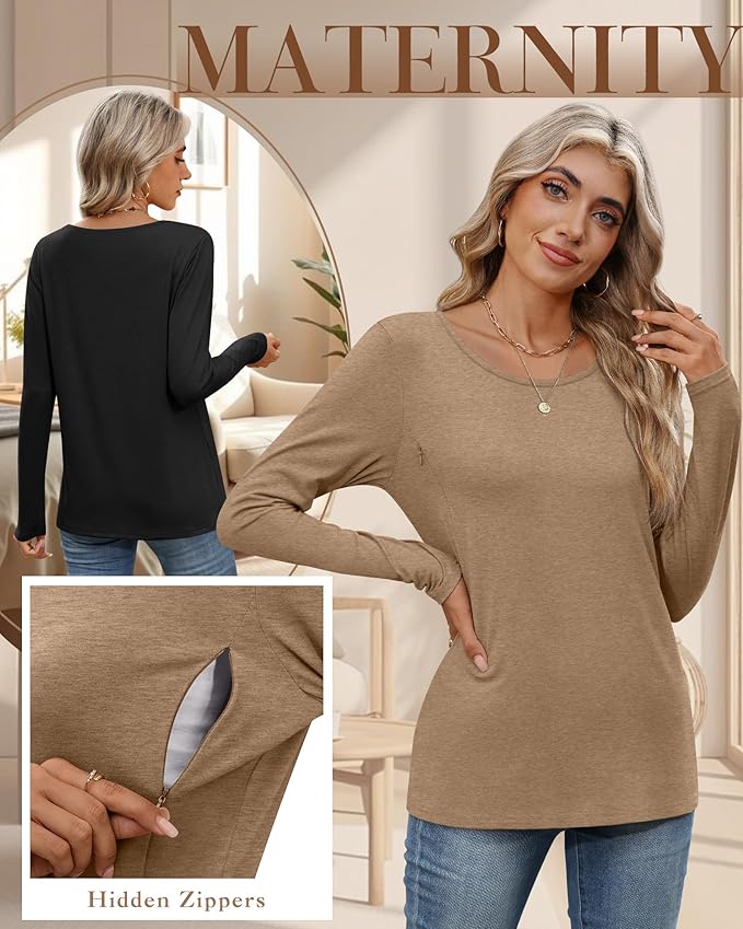 4 Pack Women's Cotton Nursing Tops, Breastfeeding Maternity with Hidden Zippers Crew Neck Long Sleeve Pregnancy Shirts