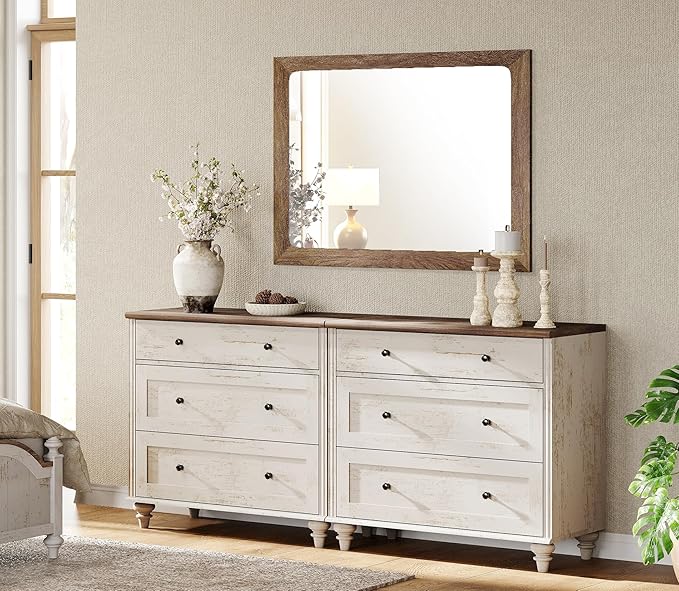 WAMPAT Kids Dresser for Bedroom with 6 Drawers, Baby Dressers with Wide Chest of Drawers, Farmhouse Wooden Closet Storage Organizer, Large Wood Dressers for Living Room, Nursery, Hallway, Rustic White