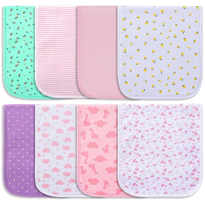 Hakochia Burp Cloths for Baby Boy & Girl Organic Cotton Large Unisex Burp Clothes Extra Absorbent Soft Neutral Burping Rags Spit Up Cloth Sets for Newborns 8 Pack (E)