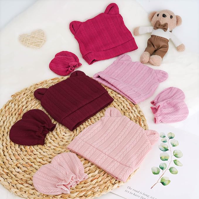 BQUBO Newborn Baby Hats Bear Ears and Mittens Sets Preemie Caps Baby Boy Girl - Image 7