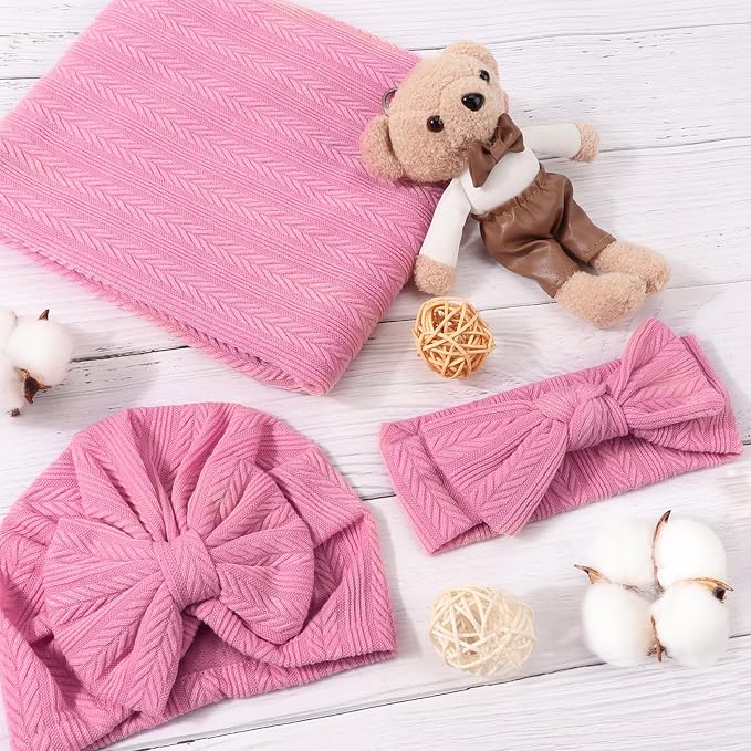 AQOKKA Newborn Receiving Blanket Wheat Ear Bow Hat Hairband Set - Image 3