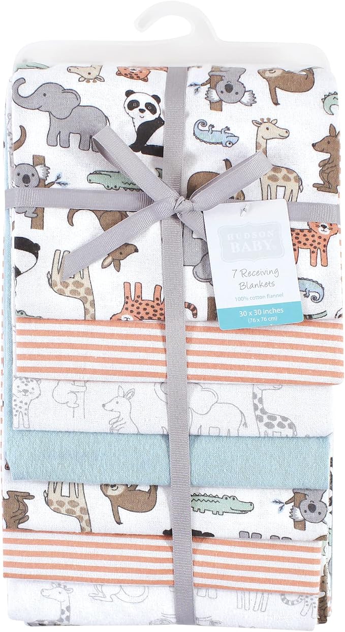 Hudson Baby Unisex Baby Cotton Flannel Receiving Blankets Bundle, Zoo Animals - Image 2