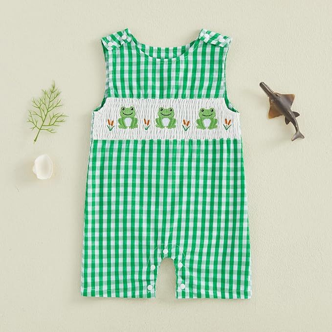Newborn Baby Boys Sleeveless Seersucker Romper One Piece Straps Overalls - Image 2