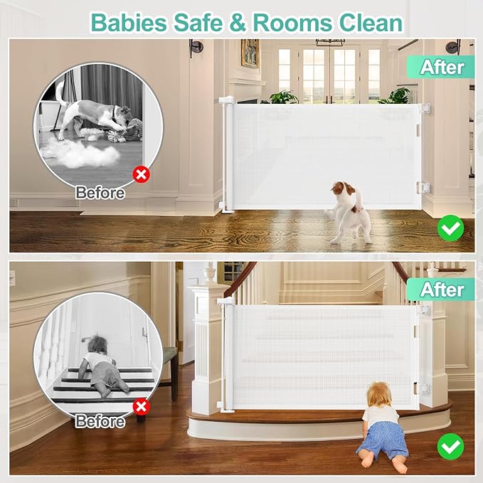 55 inch Retractable Baby Gates, EZIGO Extra Wide Baby Gate for Large Opening Extra Long Mesh Gate for Kids or Pet Dog Gate Child Safety Gate for Stairs Hallways Doorway Indoor Outdoor, White
