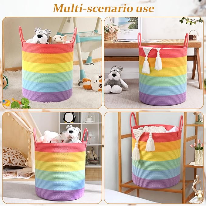52L Rainbow Storage Basket for Organizing, 15"×18" Large Tall Laundry Baskets, Cotton Rope Woven Blanket Basket, Toy Storage for Kids, Collapsible Laundry Hamper for Living Room, Nursery Room