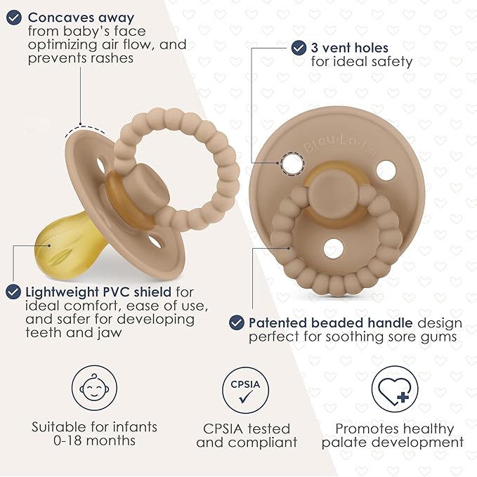 Luladream Pacifier and Clip Set - Natural Rubber Nipple - Soft Teething Handle - for Infants Baby's and Toddlers, 0-18 Months (Blush Pink + Rose Petal + Clips)