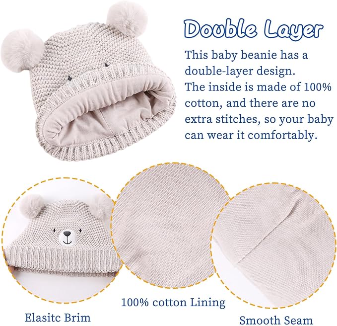 JANGANNSA Cute Bear Baby Beanie Pompom Baby Boys Hat Infant Toddler Winter Knitted Beanies for Girls
