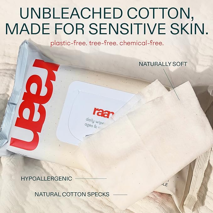 Raan, 100% Cotton Baby & Toddler Wipes, Unbleached, 99% Purified Water, Unscented, EWG verified, Made for Sensitive Skin, Extra Soft and Durable, 4 pack, 240 Count