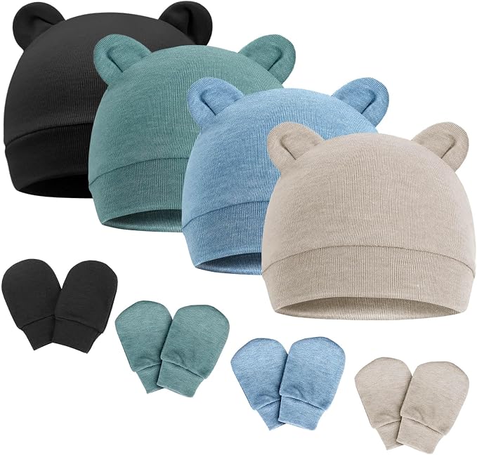Newborn Baby Hat and Mittens Set Bear Ears Toddler Infant Beanie Caps Newborn by AQOKKA