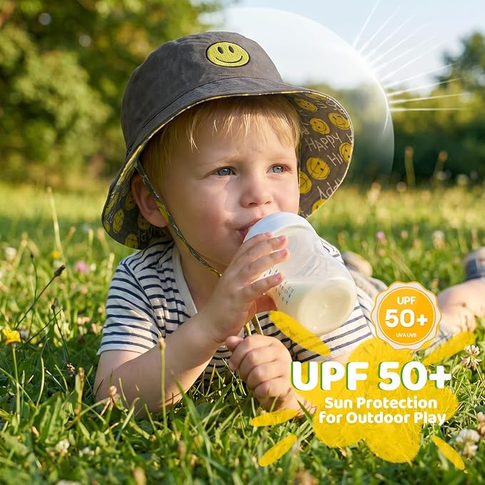 Toddler Hat Reversible Bucket Hat Happy Face Sun Hat Adjustable Chin Strap - Image 2