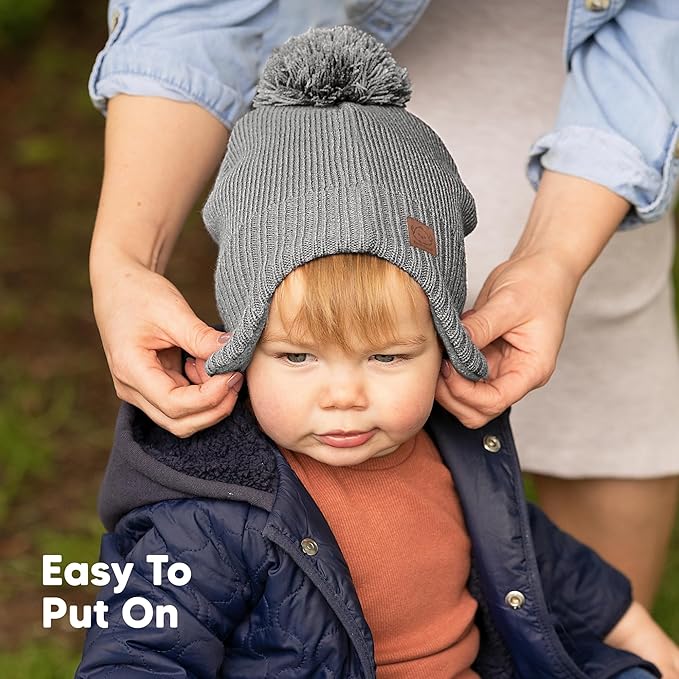 Baby Beanies, Baby Hats for Boys, Girls - Cute Toddler Winter Hat, Soft & Stretchy Beanies for Infant, Newborn 6-36 Months, Cozy & Warm with Earflap Muff & Pom (Gray)