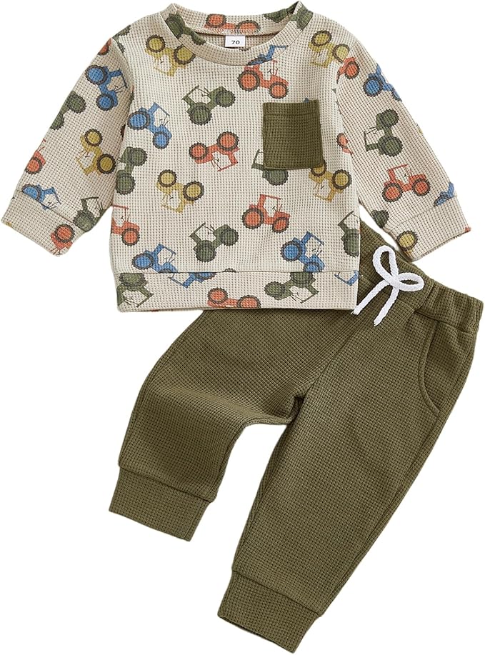 Toddler Baby Boy Fall Clothes Waffle Outfit Long Sleeve Color Blocking Sweatshirt Pullover Jogger Pant Set
