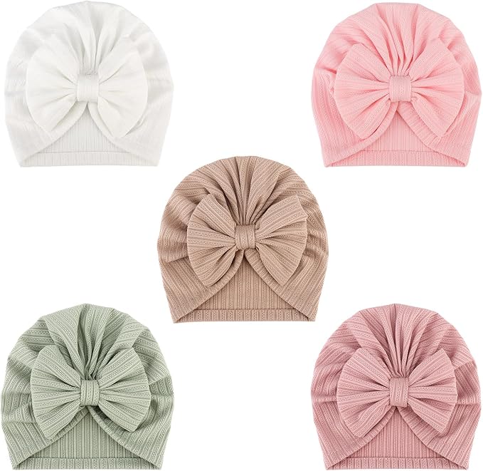 DRESHOW BQUBO 5 Pieces Newborn Baby Turban Hats Bow Baby Infant Beanie by DRESHOW