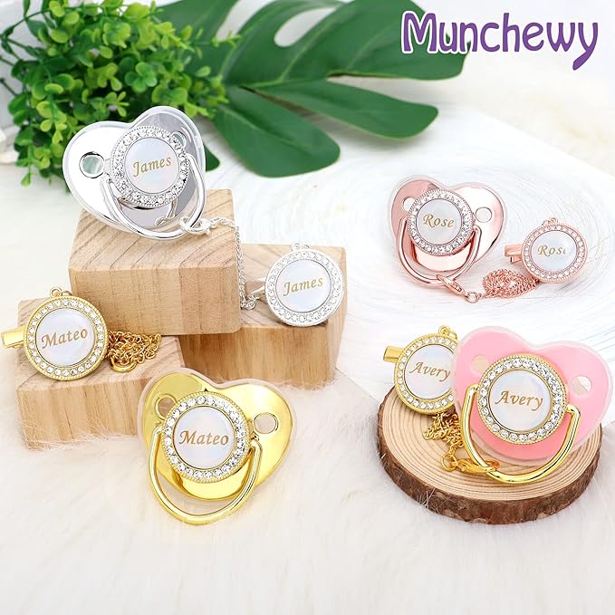 Personalized Pacifier with Name, Bling Pacifier Clip Set with Gift Box Greeting Card, Glitter Crystal Luxurious Soother Dummy Ideal Gift for Girl Baby Shower Newborn Photography(Rose Gold)