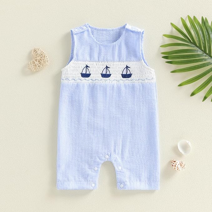 Newborn Baby Boys Sleeveless Seersucker Romper One Piece Straps Overalls - Image 2