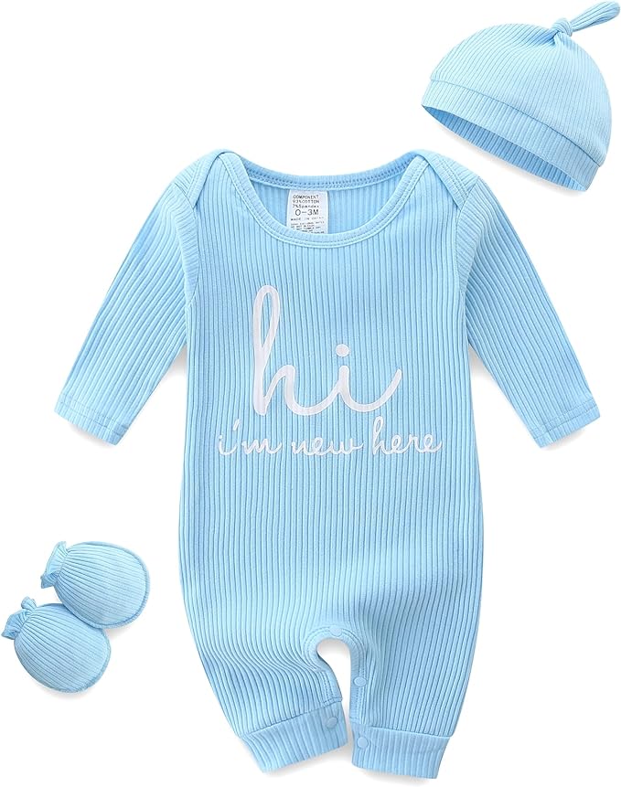 Baby Romper with Baby Mittens & Newborn Hats Footless Long Sleeve by Unknown