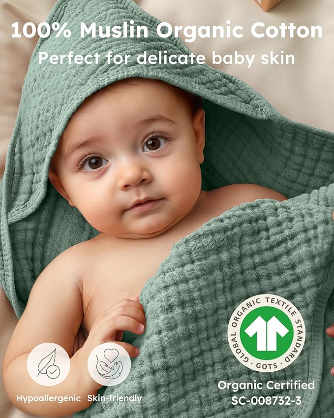Yoofoss Hooded Baby Bath Towels 2 Pack 100% Muslin Organic Cotton - Image 2