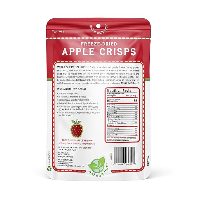 Nature’s Turn Freeze-Dried Apple Crisps – Healthy, Gluten-Free, Crispy & Delicious, Plant-Based Snack, Ideal for Cereal, Smoothies, School Lunches, & On-the-Go, Bags of 24 (0.35 oz Each)