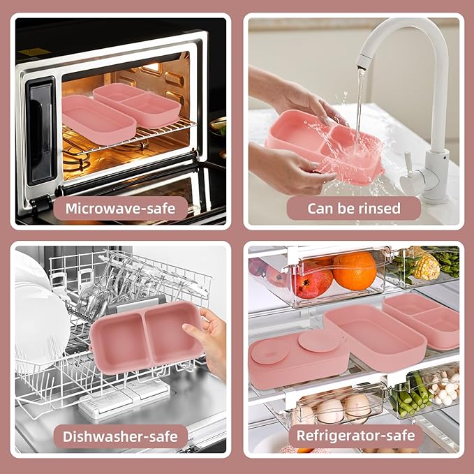 Travel Silicone Baby Feeding Set with 316 Stainless Steel Spoon & Fork,Silicone Suction Plates, Foldable Bib, Storage Bag - Portable Infant Toddler Utensils, 6-Piece BPA-Free Dishware Kit（pink）