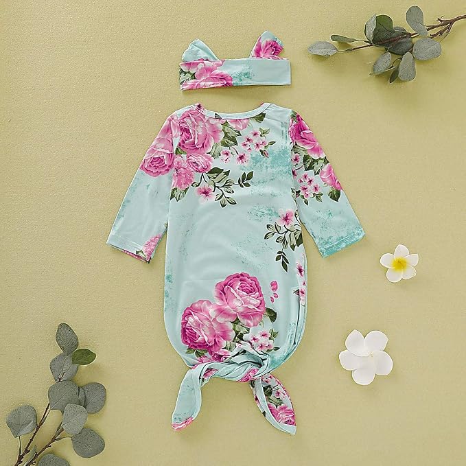 Newborn Baby Girl Floral Sleep Gown Headband Sleepwear Outfit - Image 3