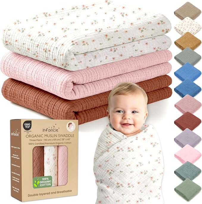100% Organic Cotton 3 PK Baby Swaddle Blanket Unisex Gift 38x40 in | Oeko-TEX by Infancie