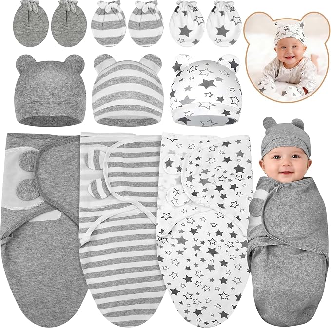 3 Pack Preemie Swaddle with Hat & Mittens Set, Adjustable Cotton Swaddle by Flasoo