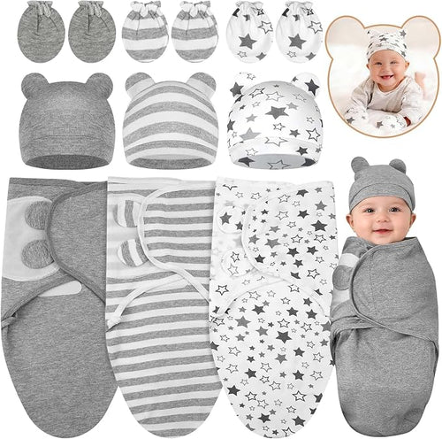3 Pack Preemie Swaddle with Hat & Mittens Set, Adjustable Cotton Swaddle by Flasoo