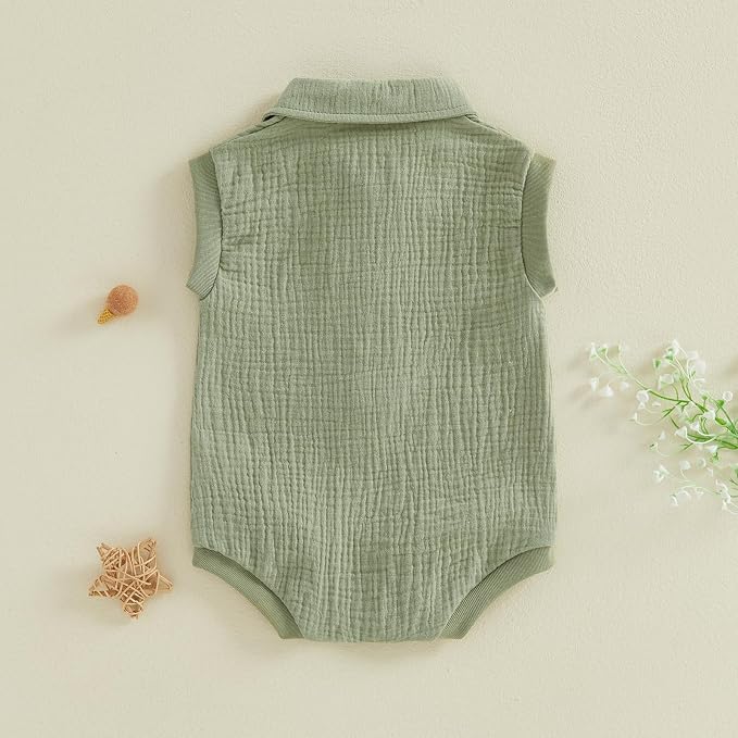 Honganda Newborn Baby Boy Cotton Linen Romper Short Sleeve Lapel Collar Button - Image 5