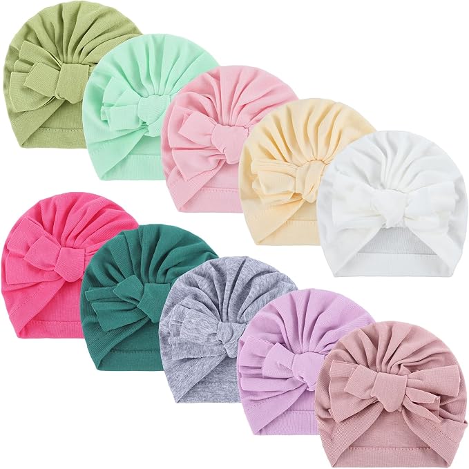10 Pcs Preemie Hats Cotton Preemie Caps Bows Turban Premature Baby Boys Girls by Velmitten